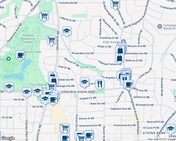 map of restaurants, bars, coffee shops, grocery stores, and more near 777 Brookridge Drive Northeast in Atlanta