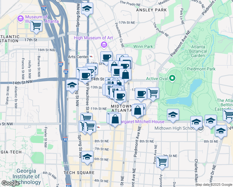 map of restaurants, bars, coffee shops, grocery stores, and more near 1100 Peachtree Street Northeast in Atlanta