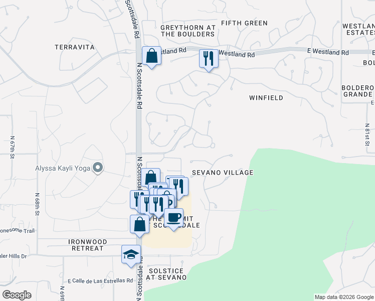 map of restaurants, bars, coffee shops, grocery stores, and more near 7422 East Camino Rayo De Luz in Scottsdale