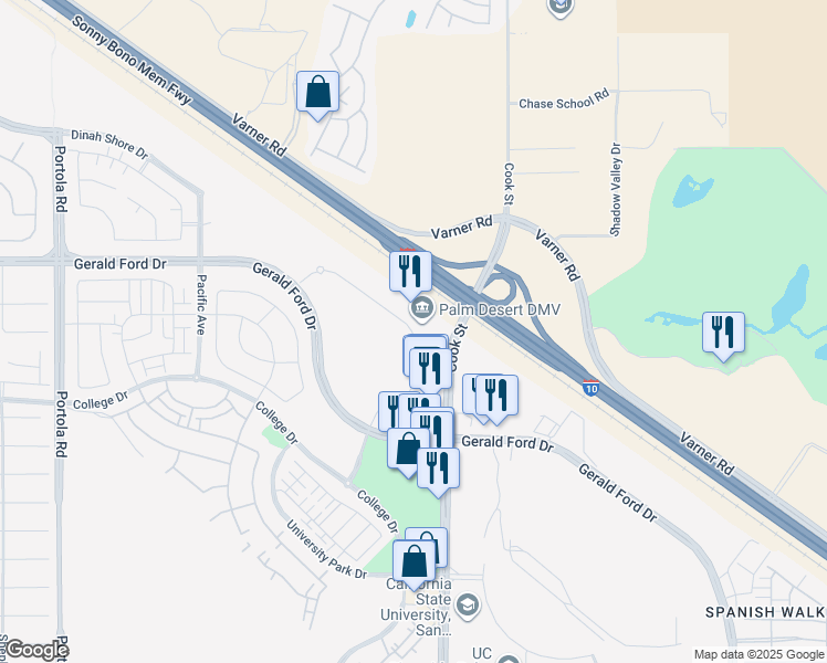 map of restaurants, bars, coffee shops, grocery stores, and more near 36555 Cook Street in Palm Desert