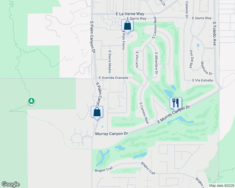 map of restaurants, bars, coffee shops, grocery stores, and more near 2617 Canyon South Drive in Palm Springs