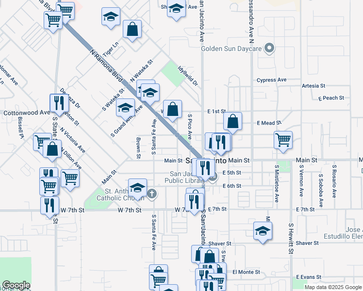 map of restaurants, bars, coffee shops, grocery stores, and more near 329 South Estudillo Avenue in San Jacinto