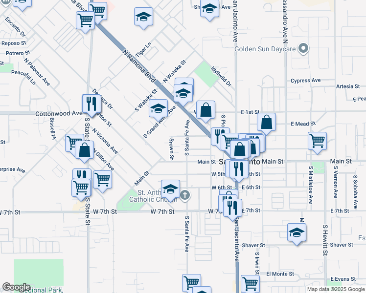 map of restaurants, bars, coffee shops, grocery stores, and more near 297 Brown Street in San Jacinto