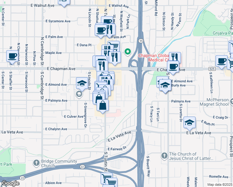 map of restaurants, bars, coffee shops, grocery stores, and more near 285 South Oak Street in Orange