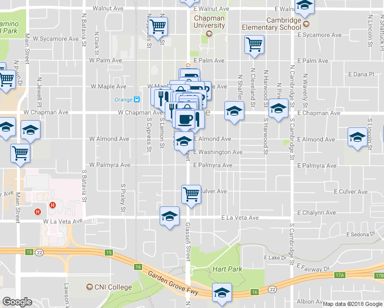 map of restaurants, bars, coffee shops, grocery stores, and more near 119 West Palmyra Avenue in Orange