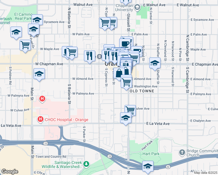 map of restaurants, bars, coffee shops, grocery stores, and more near 282 South Cypress Street in Orange