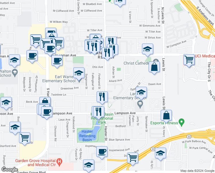 map of restaurants, bars, coffee shops, grocery stores, and more near 12326 Haster Street in Garden Grove
