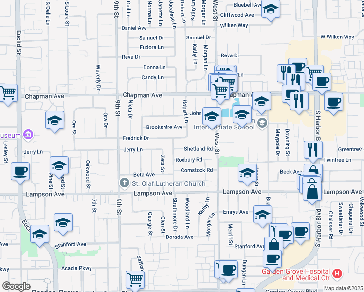 map of restaurants, bars, coffee shops, grocery stores, and more near 11802 Shetland Road in Garden Grove