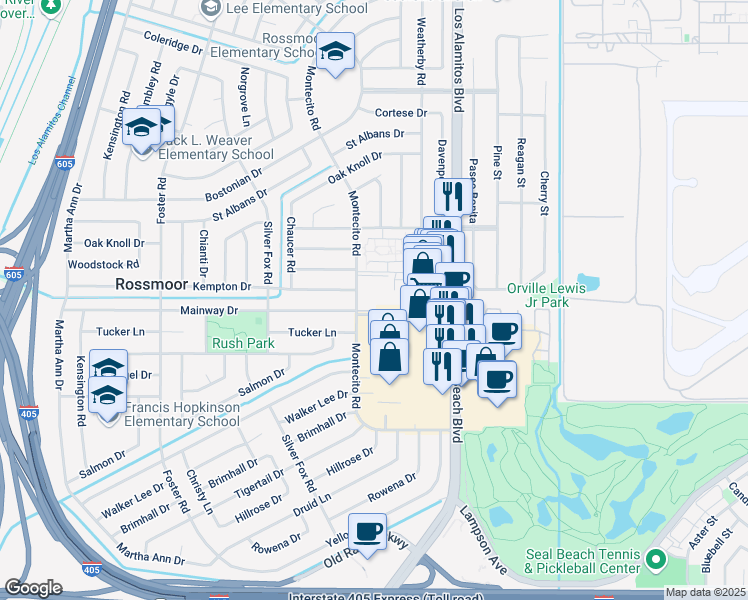 map of restaurants, bars, coffee shops, grocery stores, and more near 12200 Montecito Road in Seal Beach