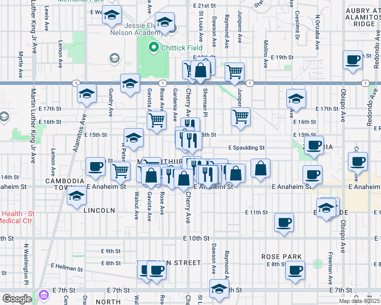map of restaurants, bars, coffee shops, grocery stores, and more near 2039 East 14th Street in Long Beach