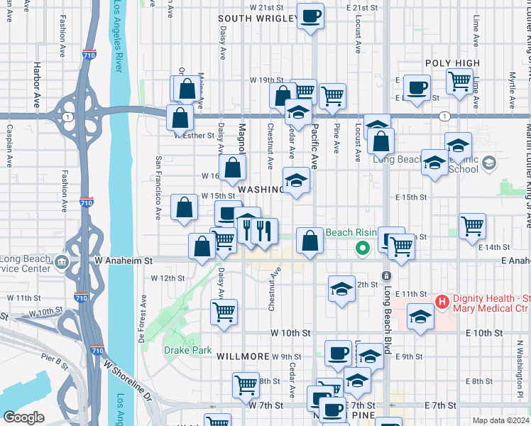 map of restaurants, bars, coffee shops, grocery stores, and more near in Long Beach