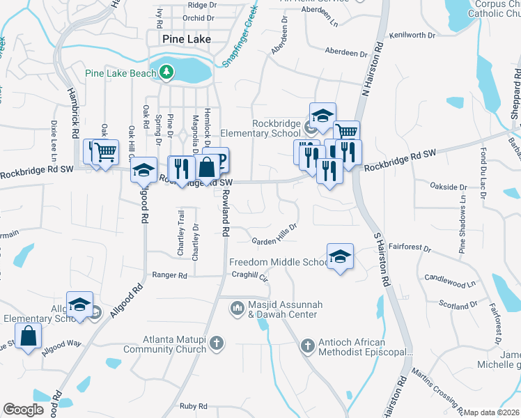 map of restaurants, bars, coffee shops, grocery stores, and more near 4598 Arborwalk Court in Stone Mountain