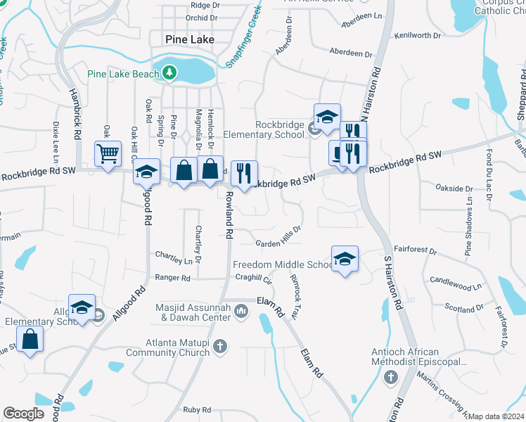 map of restaurants, bars, coffee shops, grocery stores, and more near 4598 Arborwalk Court in Stone Mountain
