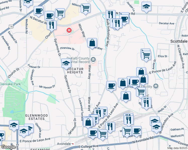 map of restaurants, bars, coffee shops, grocery stores, and more near 315 Winn Way in Decatur