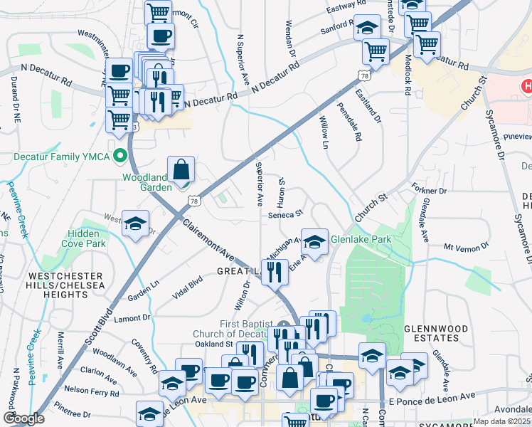 map of restaurants, bars, coffee shops, grocery stores, and more near 155 Superior Avenue in Decatur