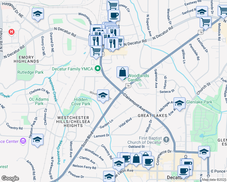 map of restaurants, bars, coffee shops, grocery stores, and more near in Decatur