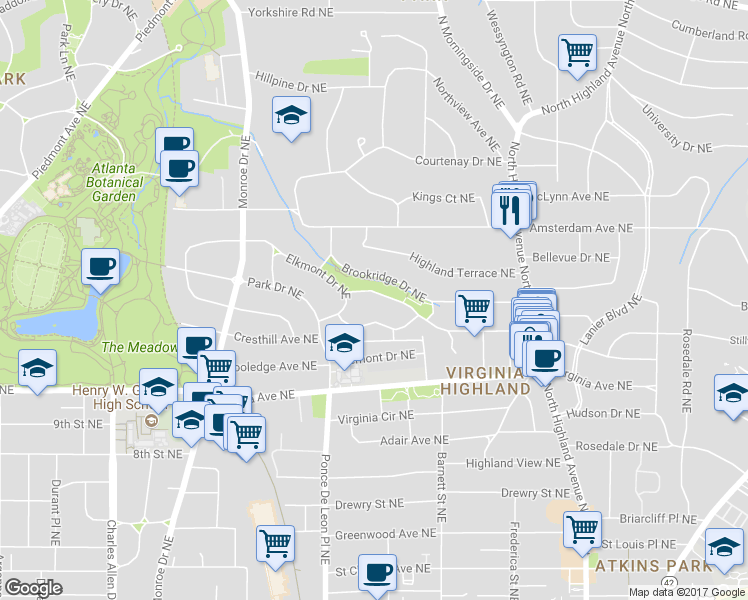 map of restaurants, bars, coffee shops, grocery stores, and more near 777 Brookridge Drive Northeast in Atlanta