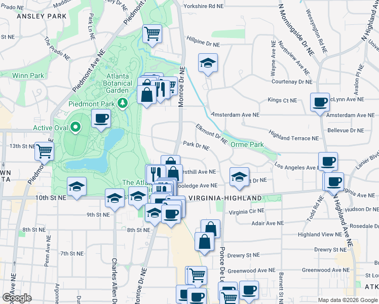 map of restaurants, bars, coffee shops, grocery stores, and more near 660 Elmwood Drive Northeast in Atlanta