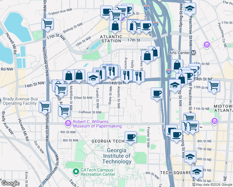 map of restaurants, bars, coffee shops, grocery stores, and more near 1087 Atlantic Drive in Atlanta