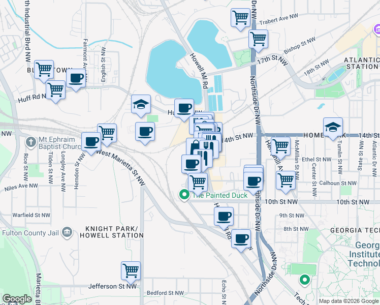map of restaurants, bars, coffee shops, grocery stores, and more near 1040 Brady Avenue Northwest in Atlanta