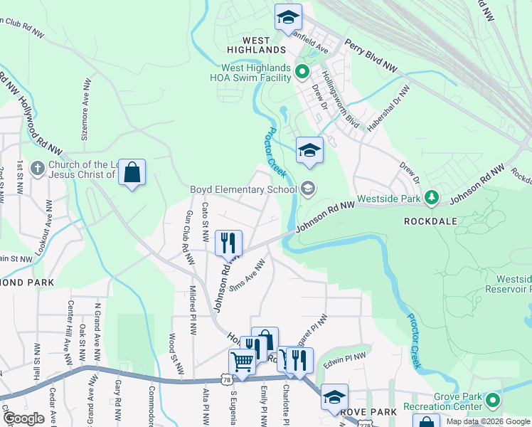 map of restaurants, bars, coffee shops, grocery stores, and more near 1950 Lois Place Northwest in Atlanta