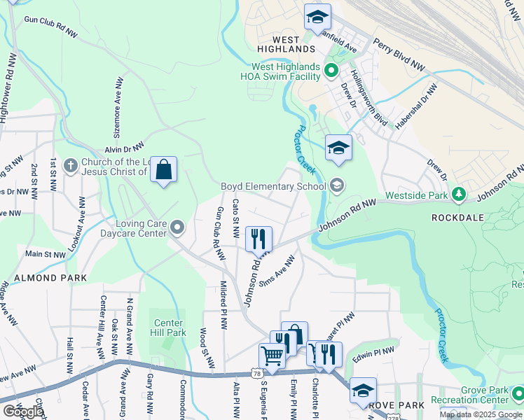 map of restaurants, bars, coffee shops, grocery stores, and more near 2030 Lois Place Northwest in Atlanta