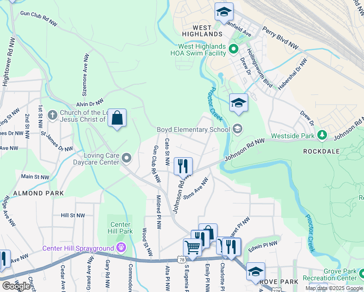 map of restaurants, bars, coffee shops, grocery stores, and more near 2035 Lois Place Northwest in Atlanta