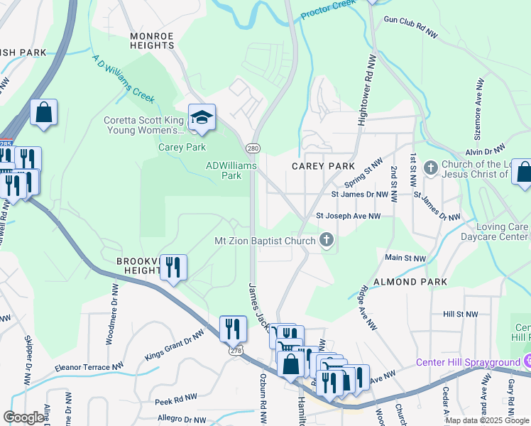 map of restaurants, bars, coffee shops, grocery stores, and more near 1098 Wedgewood Drive Northwest in Atlanta