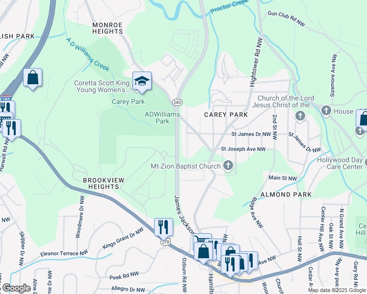 map of restaurants, bars, coffee shops, grocery stores, and more near 1077 Wedgewood Drive Northwest in Atlanta