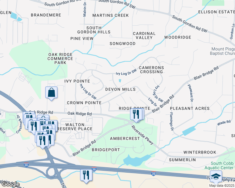 map of restaurants, bars, coffee shops, grocery stores, and more near 1377 Ling Drive in Austell