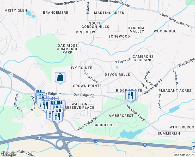 map of restaurants, bars, coffee shops, grocery stores, and more near 6939 Hickory Log Road in Austell