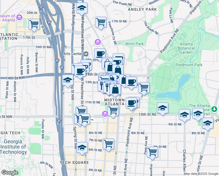 map of restaurants, bars, coffee shops, grocery stores, and more near 1100 Peachtree Street Northeast in Atlanta