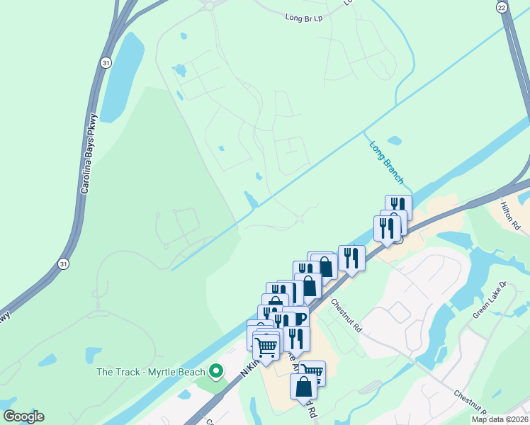 map of restaurants, bars, coffee shops, grocery stores, and more near Water Tower Road in Longs