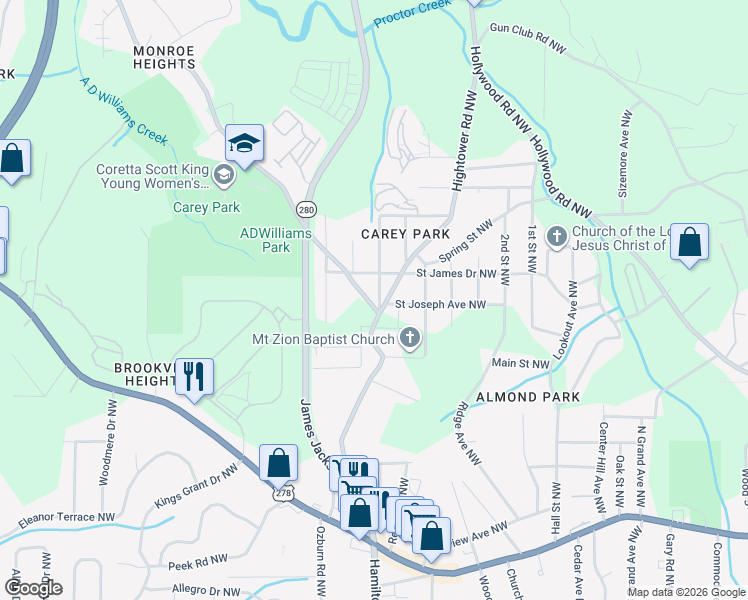 map of restaurants, bars, coffee shops, grocery stores, and more near 1086 Northwest Drive Northwest in Atlanta