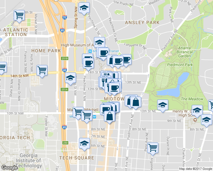 map of restaurants, bars, coffee shops, grocery stores, and more near 1106 Crescent Avenue Northeast in Atlanta