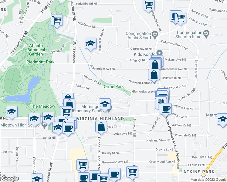 map of restaurants, bars, coffee shops, grocery stores, and more near 784 Crestridge Drive Northeast in Atlanta