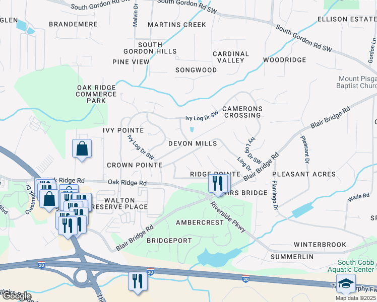 map of restaurants, bars, coffee shops, grocery stores, and more near 1377 Ling Drive in Austell