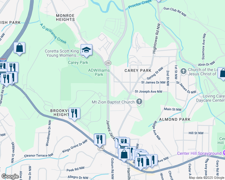 map of restaurants, bars, coffee shops, grocery stores, and more near 1098 Wedgewood Drive Northwest in Atlanta