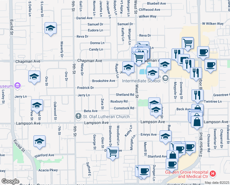 map of restaurants, bars, coffee shops, grocery stores, and more near 11802 Shetland Road in Garden Grove