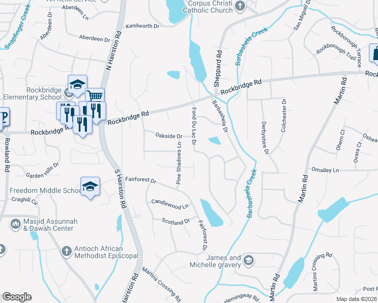 map of restaurants, bars, coffee shops, grocery stores, and more near 433 Fond Du Lac Drive in Stone Mountain