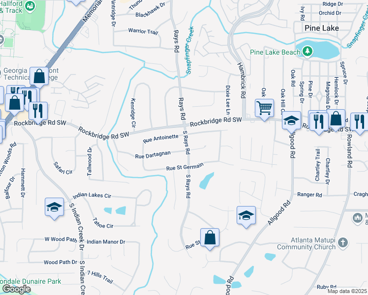 map of restaurants, bars, coffee shops, grocery stores, and more near 4203 Rue Dartagnan in Stone Mountain