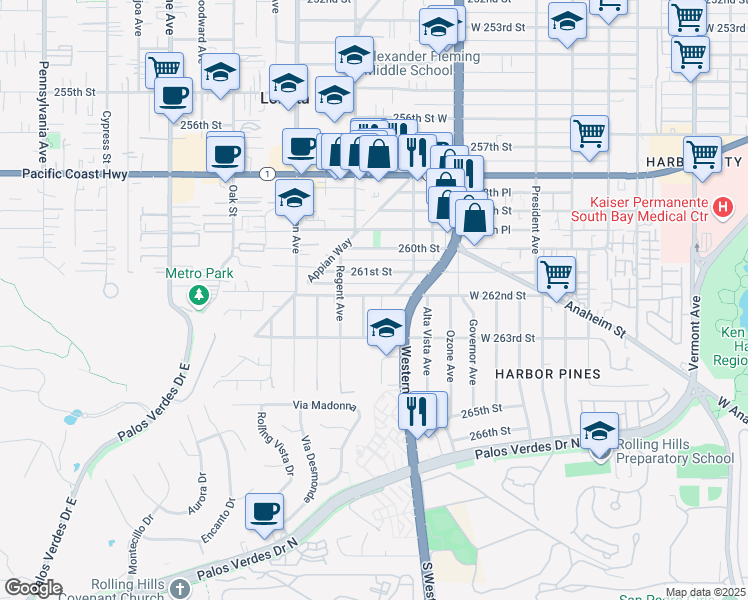 map of restaurants, bars, coffee shops, grocery stores, and more near 1854 262nd Street in Lomita