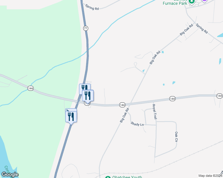 map of restaurants, bars, coffee shops, grocery stores, and more near 221 Alabama 144 in Ohatchee