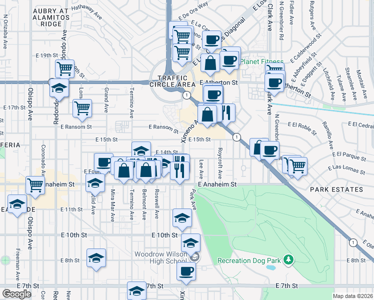 map of restaurants, bars, coffee shops, grocery stores, and more near 1430 Ximeno Avenue in Long Beach