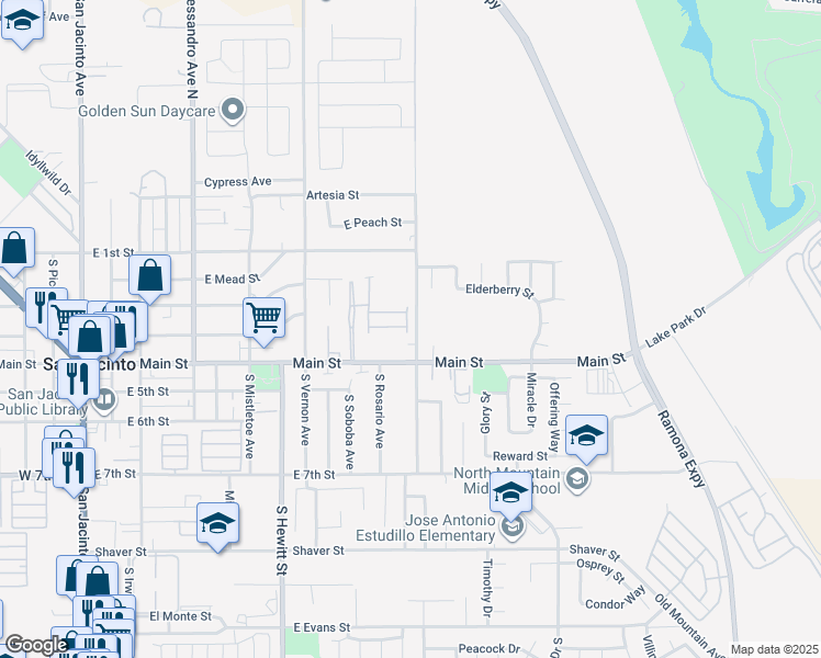 map of restaurants, bars, coffee shops, grocery stores, and more near 655 East Main Street in San Jacinto