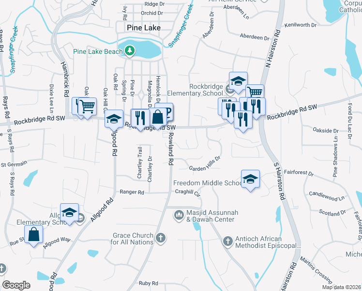 map of restaurants, bars, coffee shops, grocery stores, and more near 525 Prince of Wales in Stone Mountain