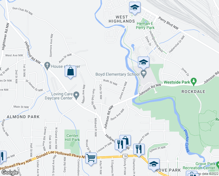 map of restaurants, bars, coffee shops, grocery stores, and more near 2035 Lois Place Northwest in Atlanta