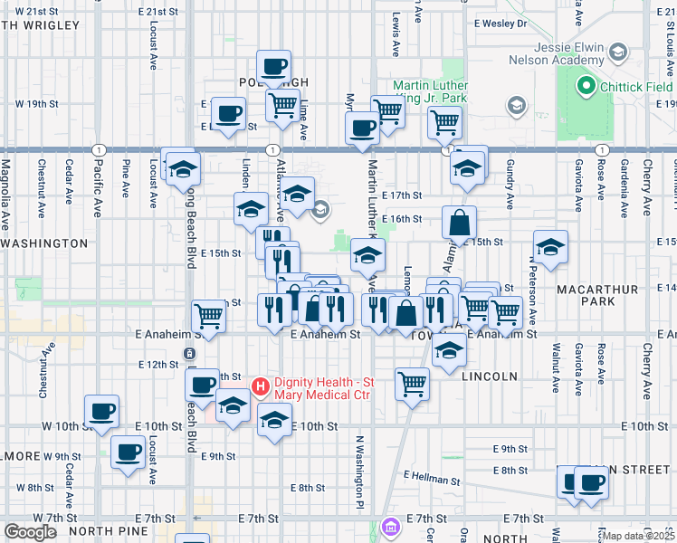 map of restaurants, bars, coffee shops, grocery stores, and more near 1451 Myrtle Avenue in Long Beach