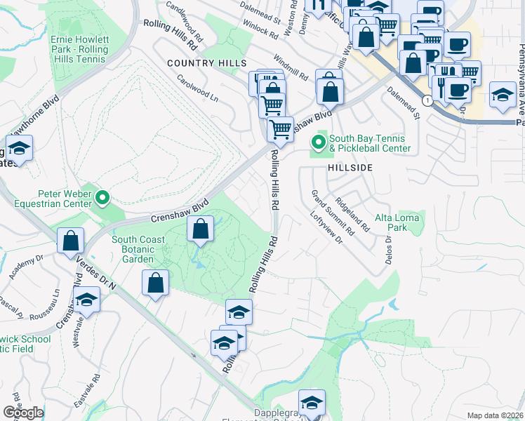 map of restaurants, bars, coffee shops, grocery stores, and more near 3605 West Hidden Lane in Rolling Hills Estates