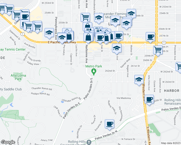 map of restaurants, bars, coffee shops, grocery stores, and more near 26130 Narbonne Avenue in Lomita